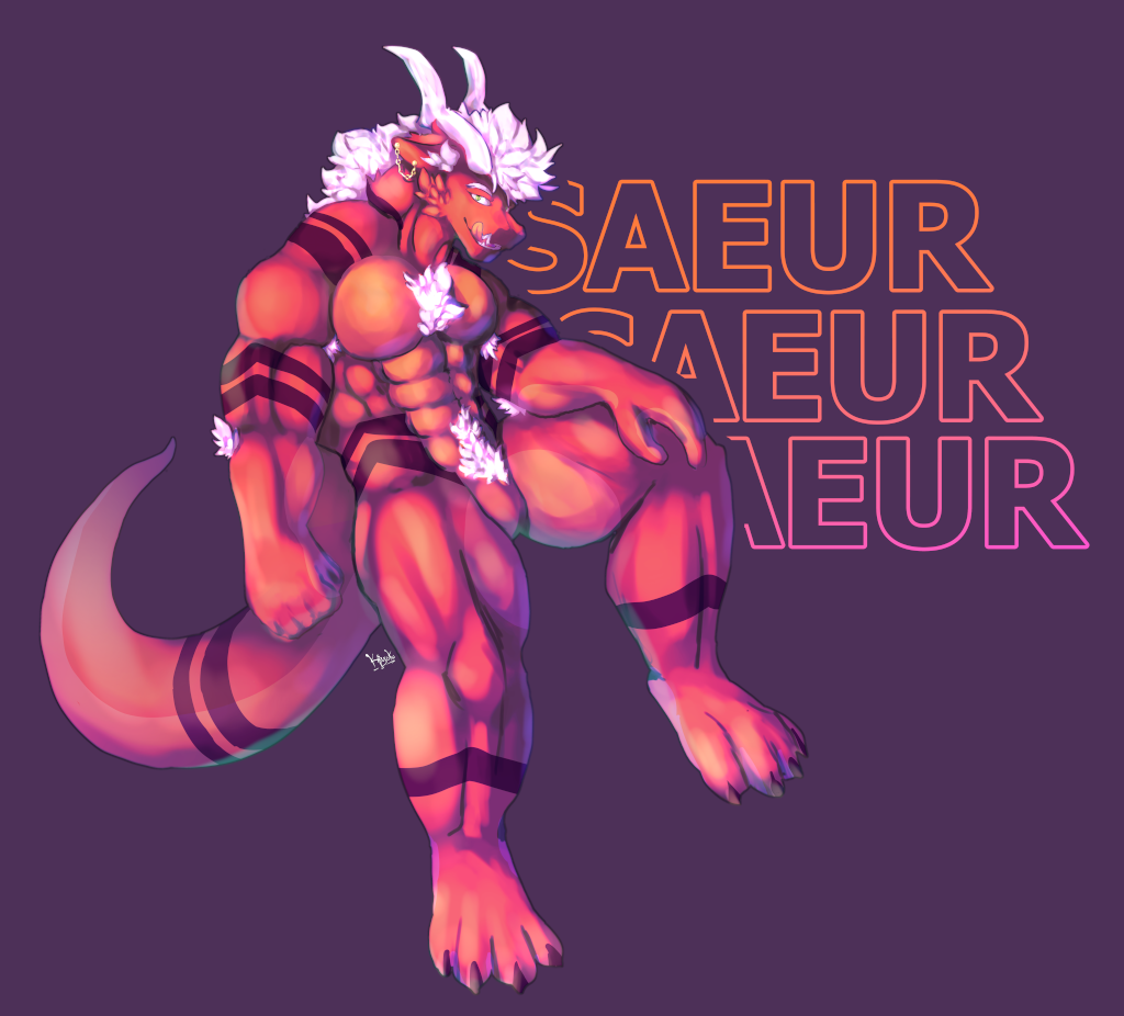 Saeur, a red dragon, facing the camera.